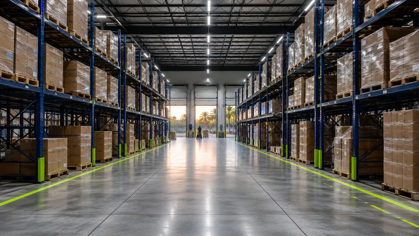 Interior of the Miami logistics warehouse in early morning light