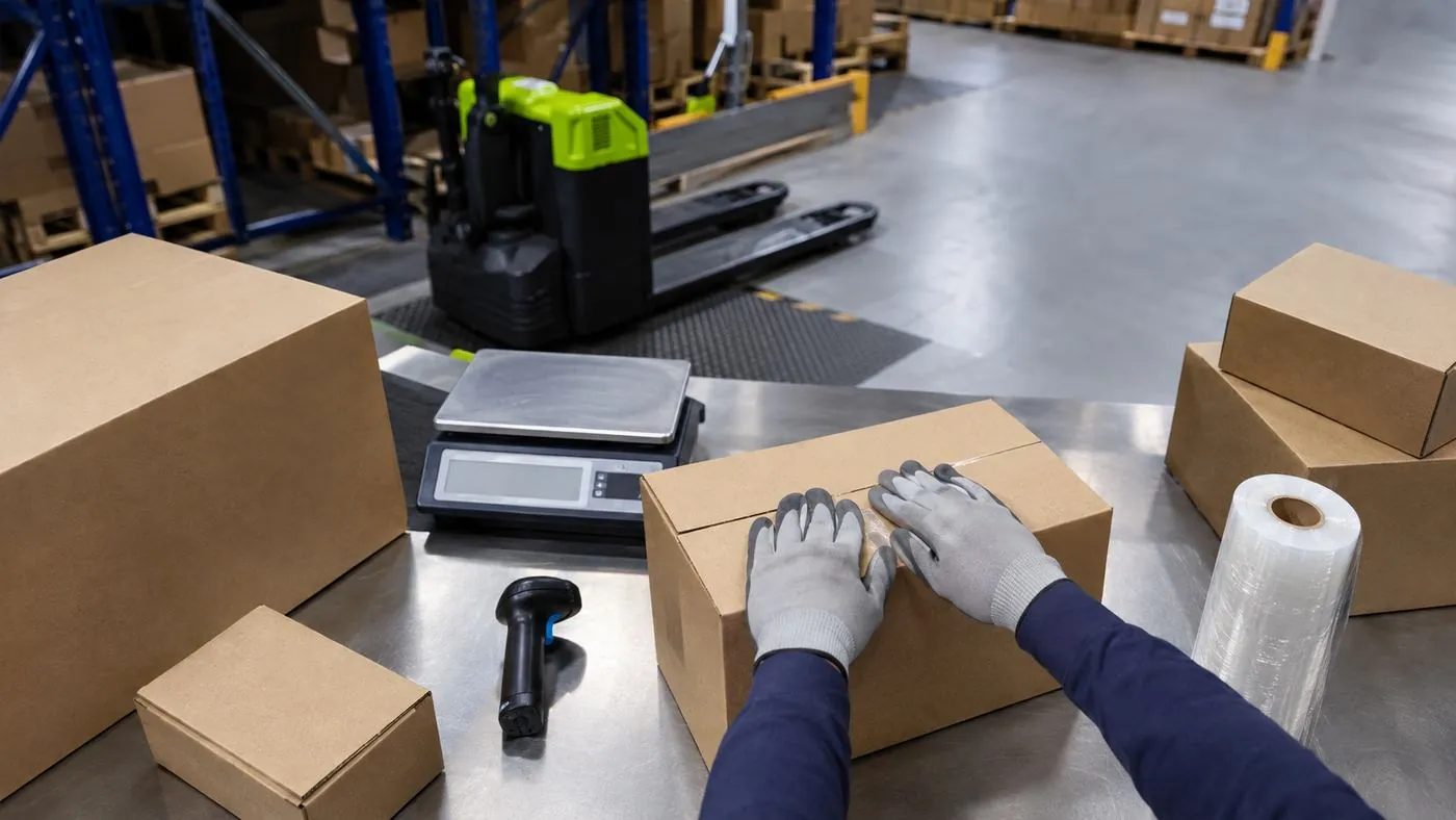 Zona de preparación de pedidos con báscula, escáner y cajas de cartón
