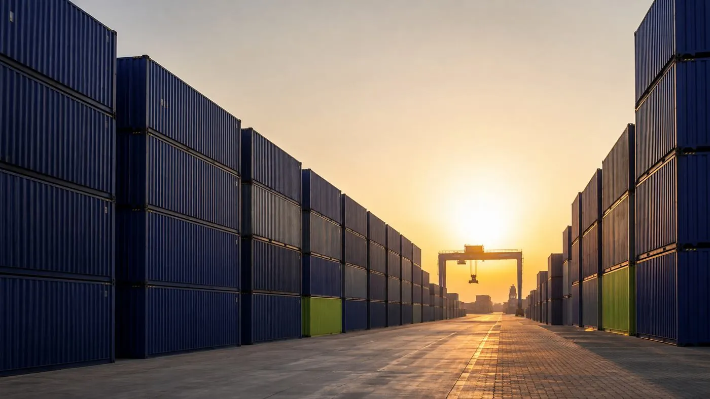 Container yard with stacked containers at sunset