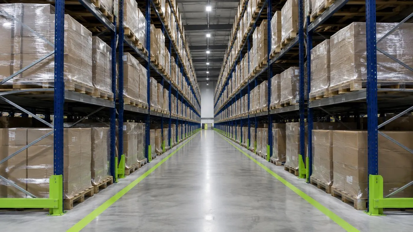 Warehouse aisle with loaded racking and wrapped pallets